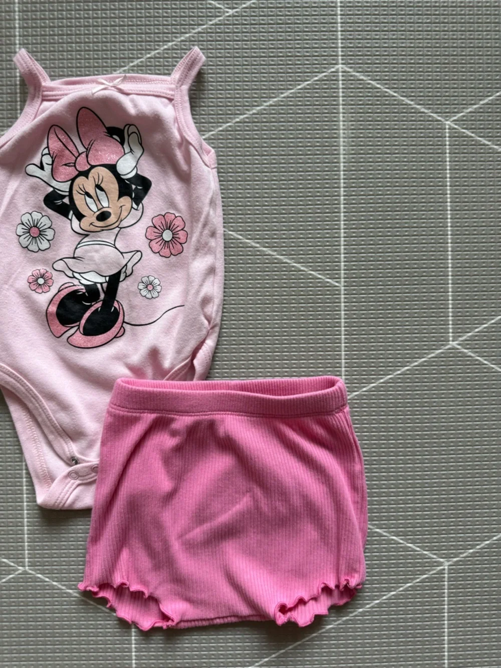 Disney|Baby girl summer set,Pink Minnie Mouse onesie Tank & ribbed Shorts•••boho